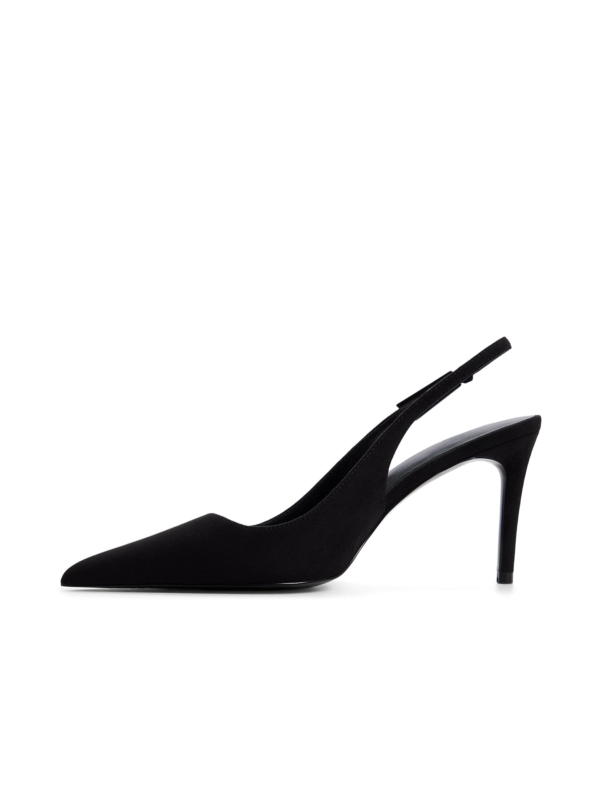 Black Faux Suede Pointed-Toe Classic Kitten Heels With Slingback