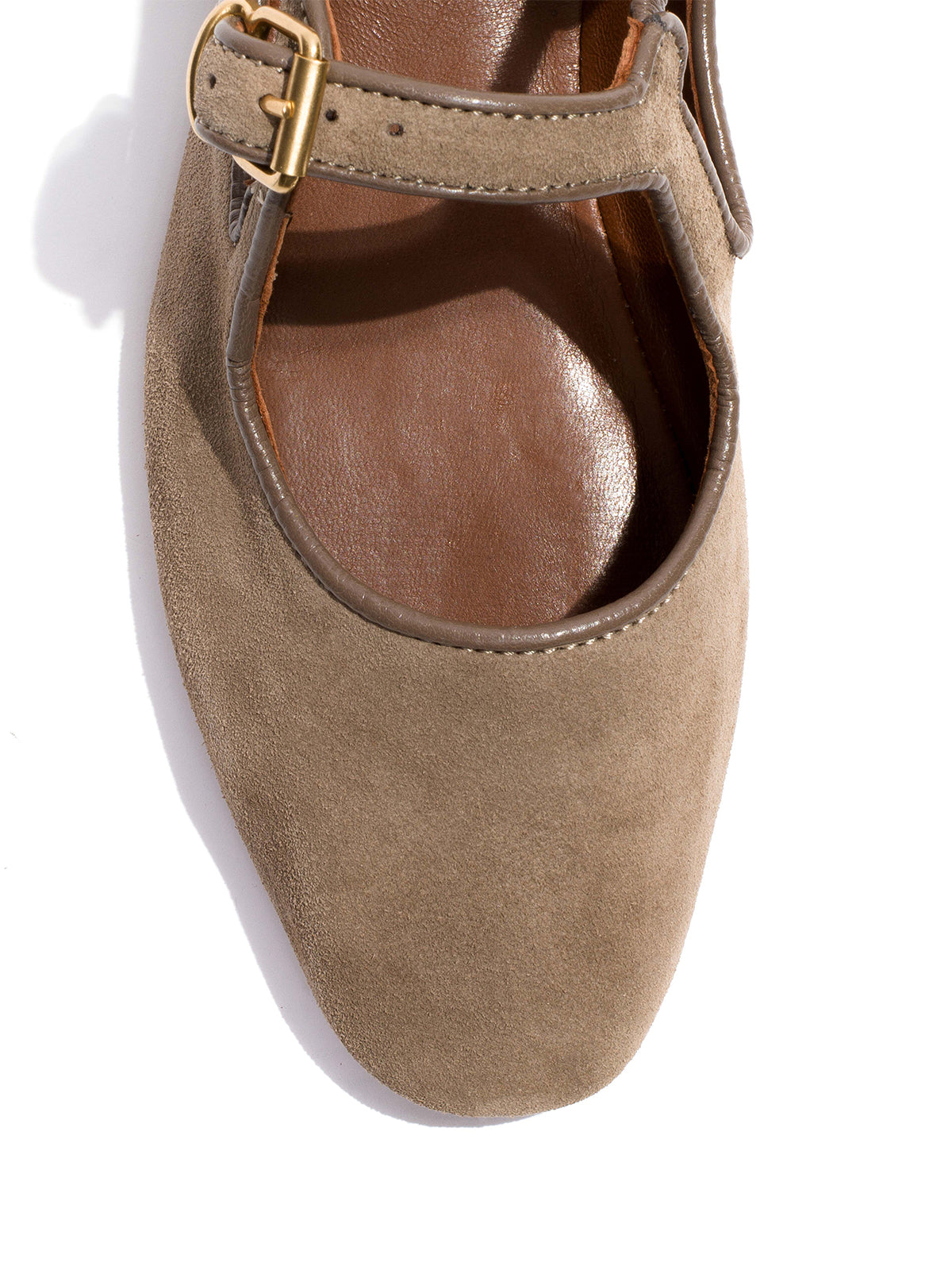Square-Toe Buckle Strap Chic Flats - Taupe Faux Suede