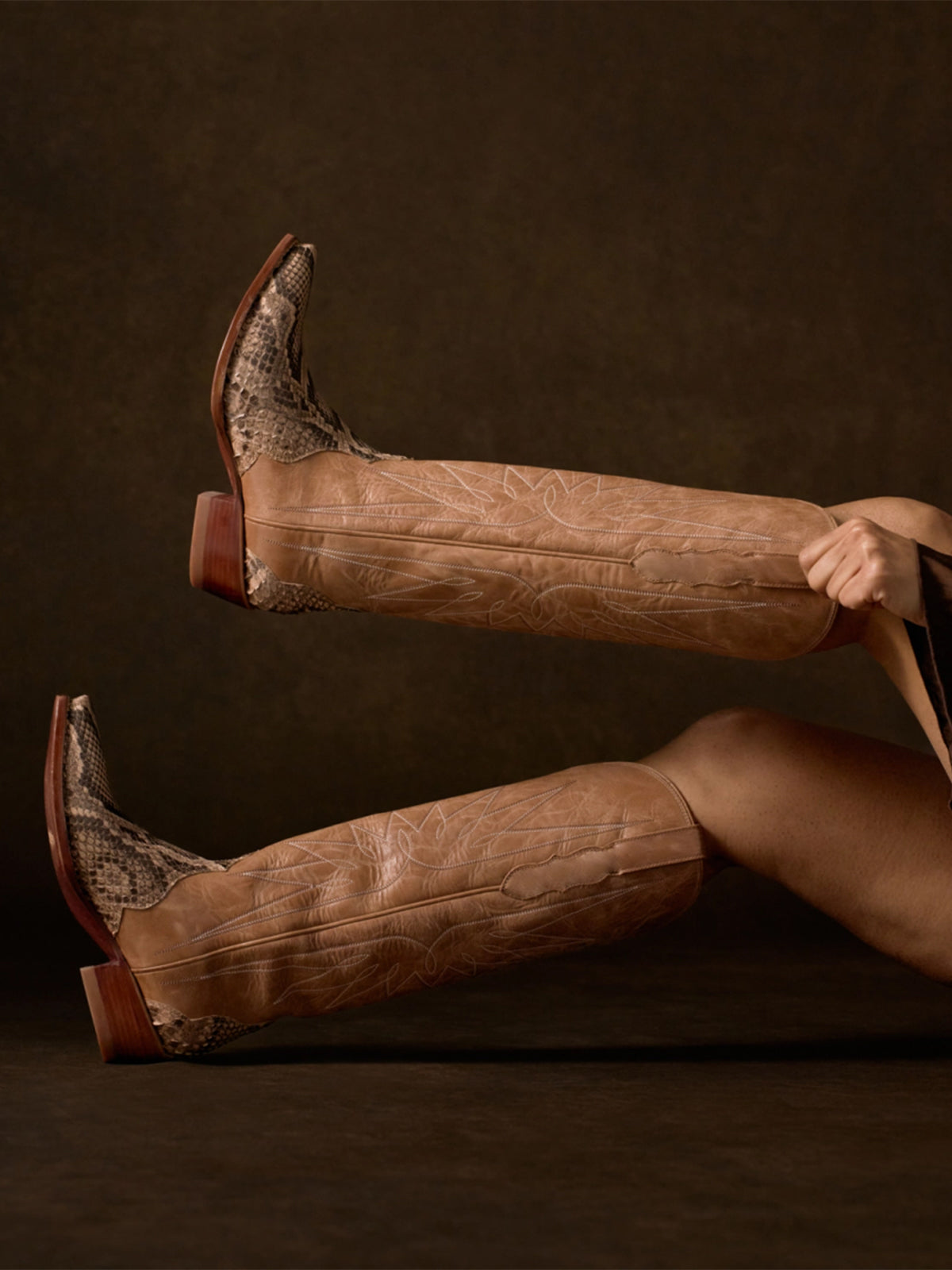Sand Vegan Leather And Snakeskin Pattern Snip-Toe Embroidery Wide Calf Knee High Cowgirl Boots