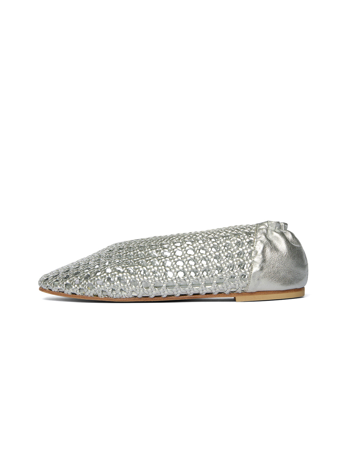 Metallic Silver Woven Vegan Leather Chic Round-Toe Slip-On Ballet Flats