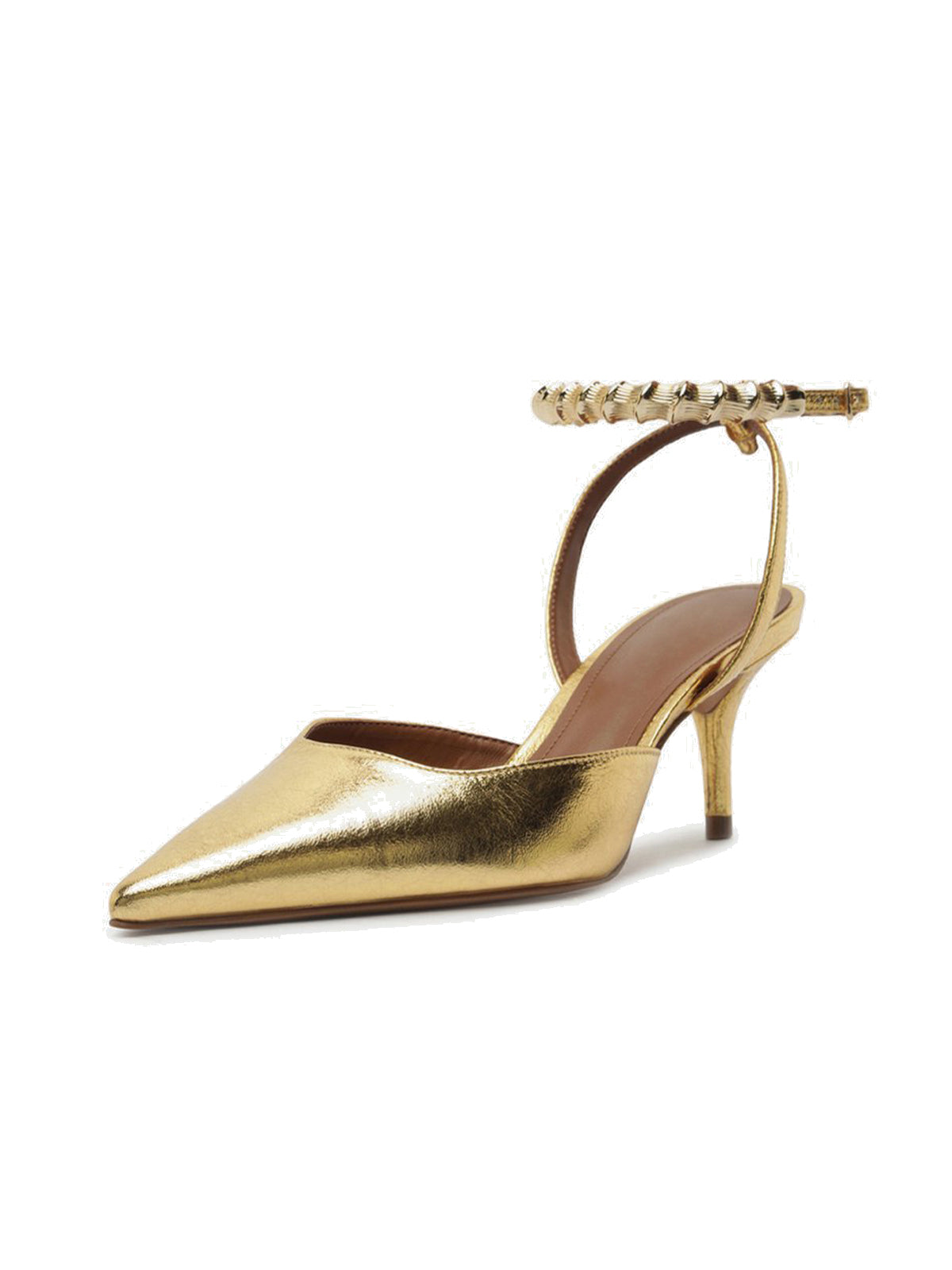 Metallic Gold Pointed-Toe Chic Slingback And Buckle Ankle Strap Kitten Heels