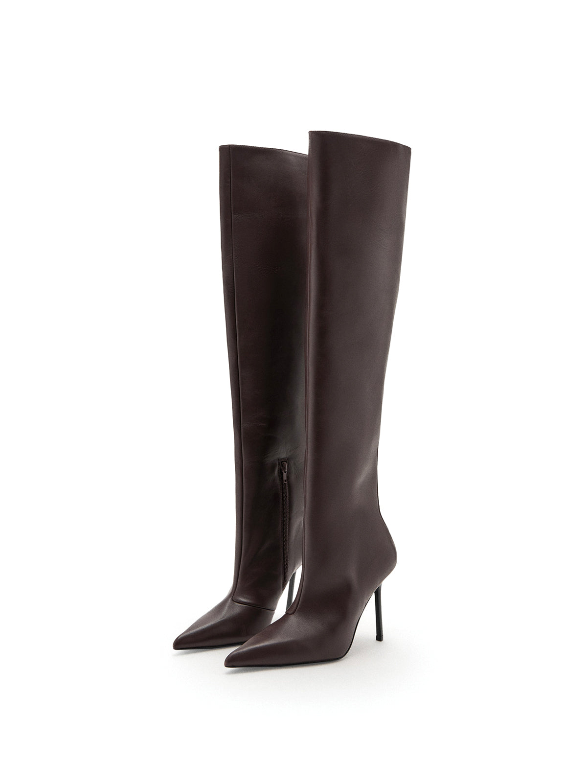 Burgundy Pointed-Toe Simple Half-Zip Over-The-Knee Stiletto Boots