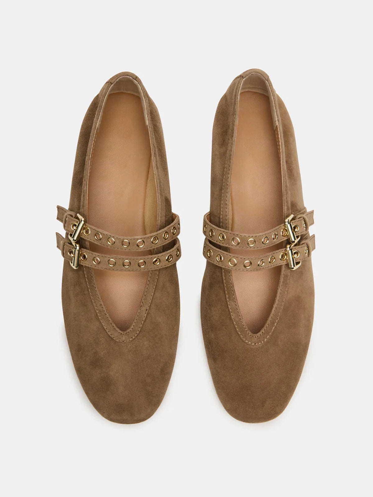 Taupe Faux Suede Square-Toe Double Bridge Straps Ballet Flats