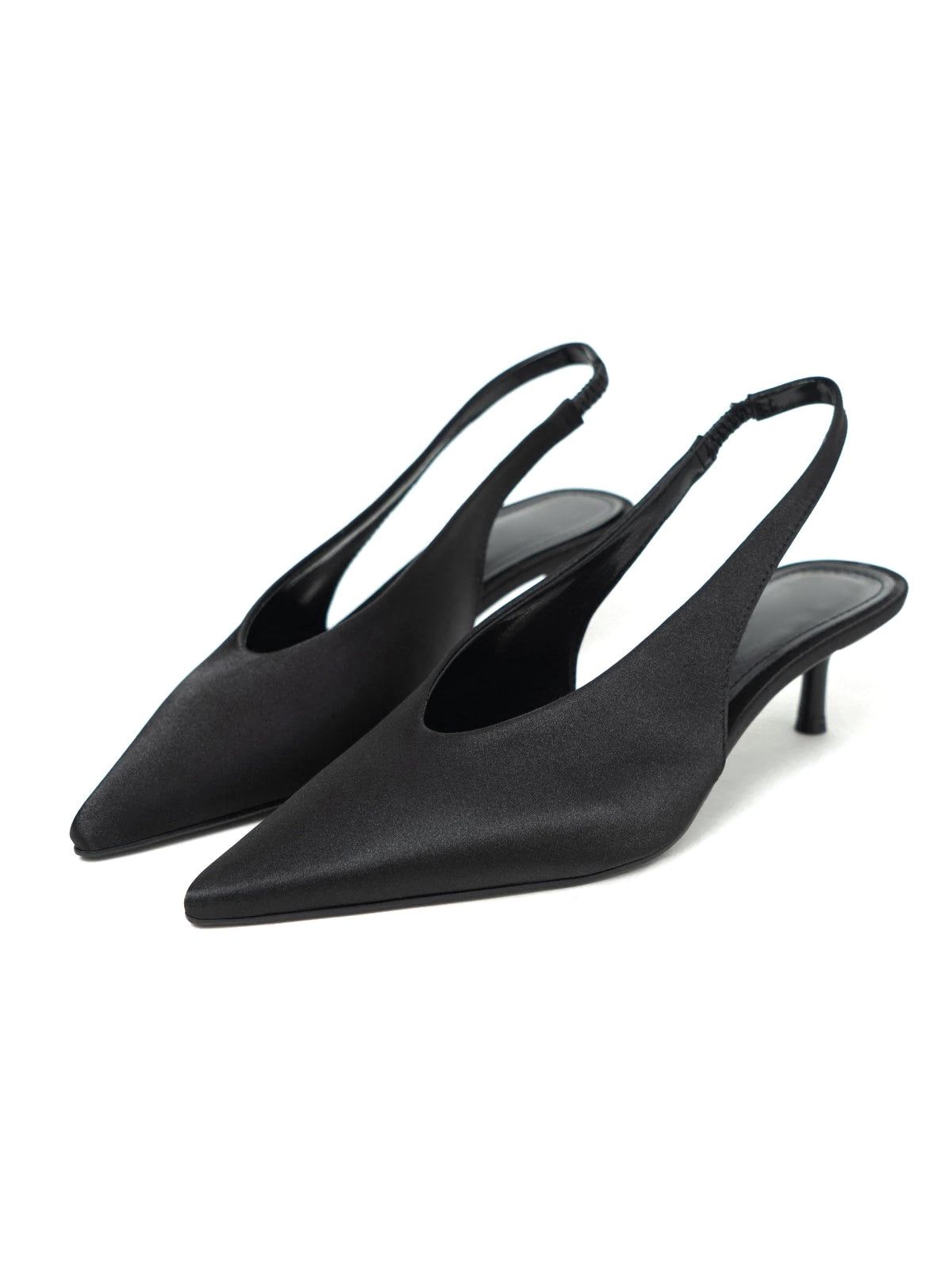 Black Satin Pointed-Toe Slingback With Buckle Kitten Heels