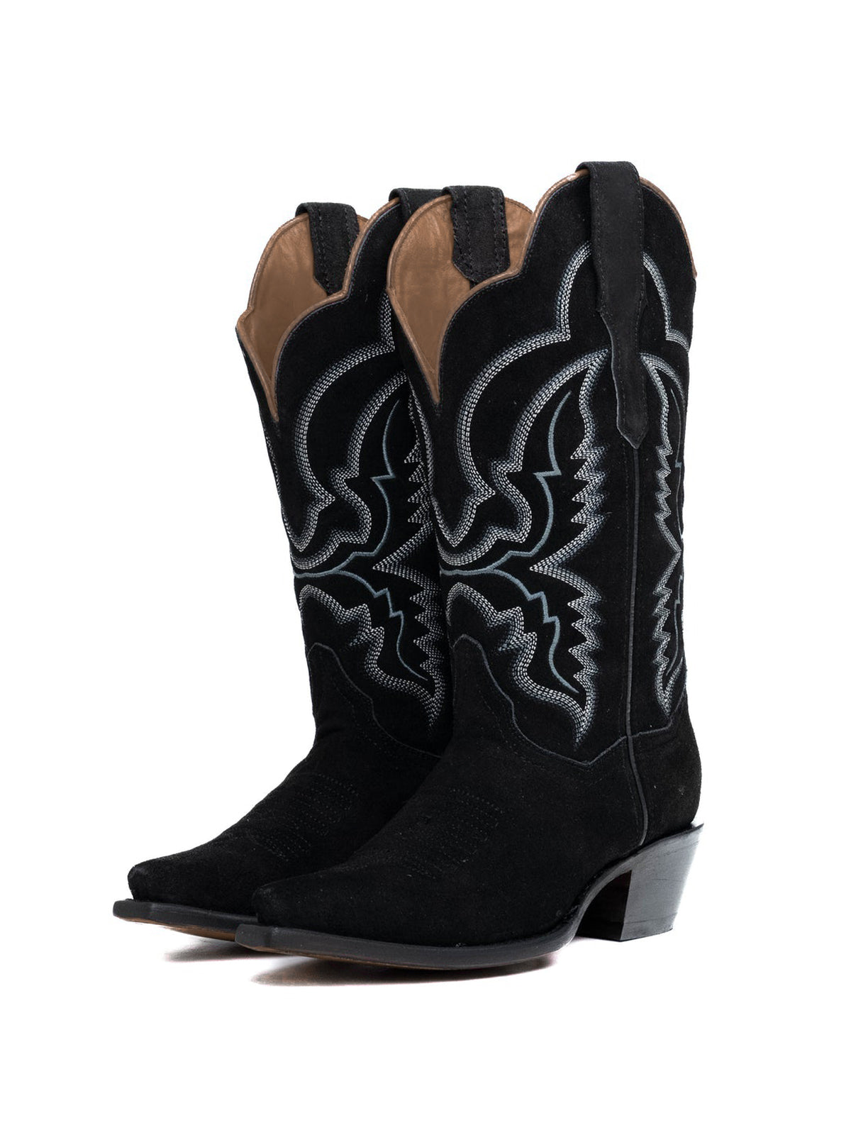 Western Snip-Toe Embroidery Mid Calf Cowgirl Boots - Black Faux Suede