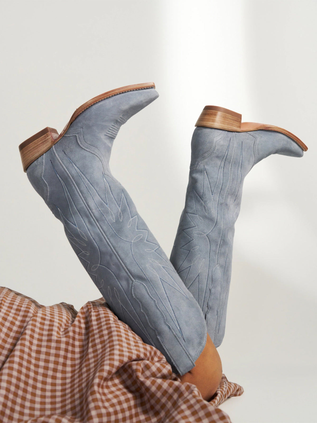 Blue Faux Suede Snip-Toe Stitch Wide Calf Knee High Cowgirl Boots