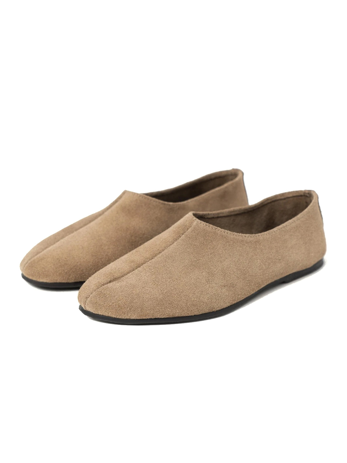 Camel Cow Suede Round-Toe Slip-On Simple Flats