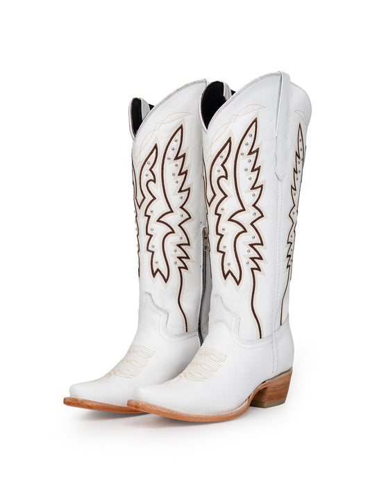 Western Snip-Toe Embroidery Half-Zip Knee High Cowgirl Boots - White