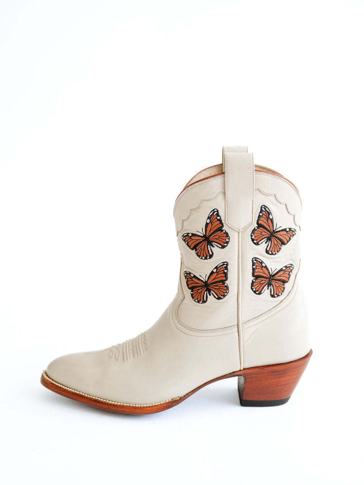 Bone Round-Toe Butterfly Embroidery Ankle Chic Cowgirl Boots