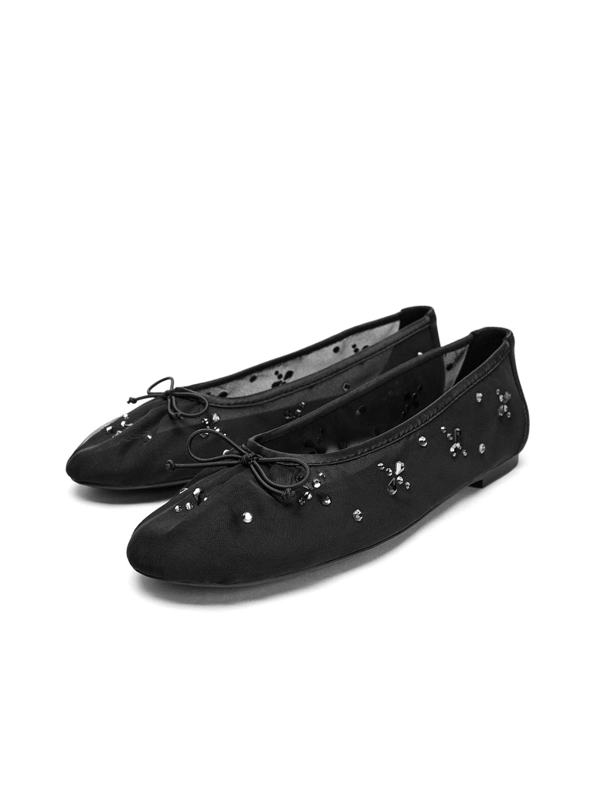 Black Mesh Round-Toe Crystals Ballet Flats With Front Bow