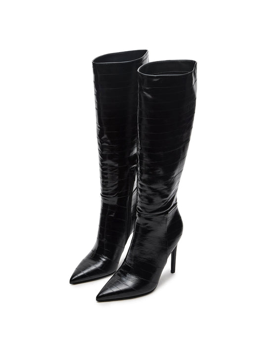 Black Eel Pattern Pointed-Toe Half-Zip Knee High Stiletto Boots