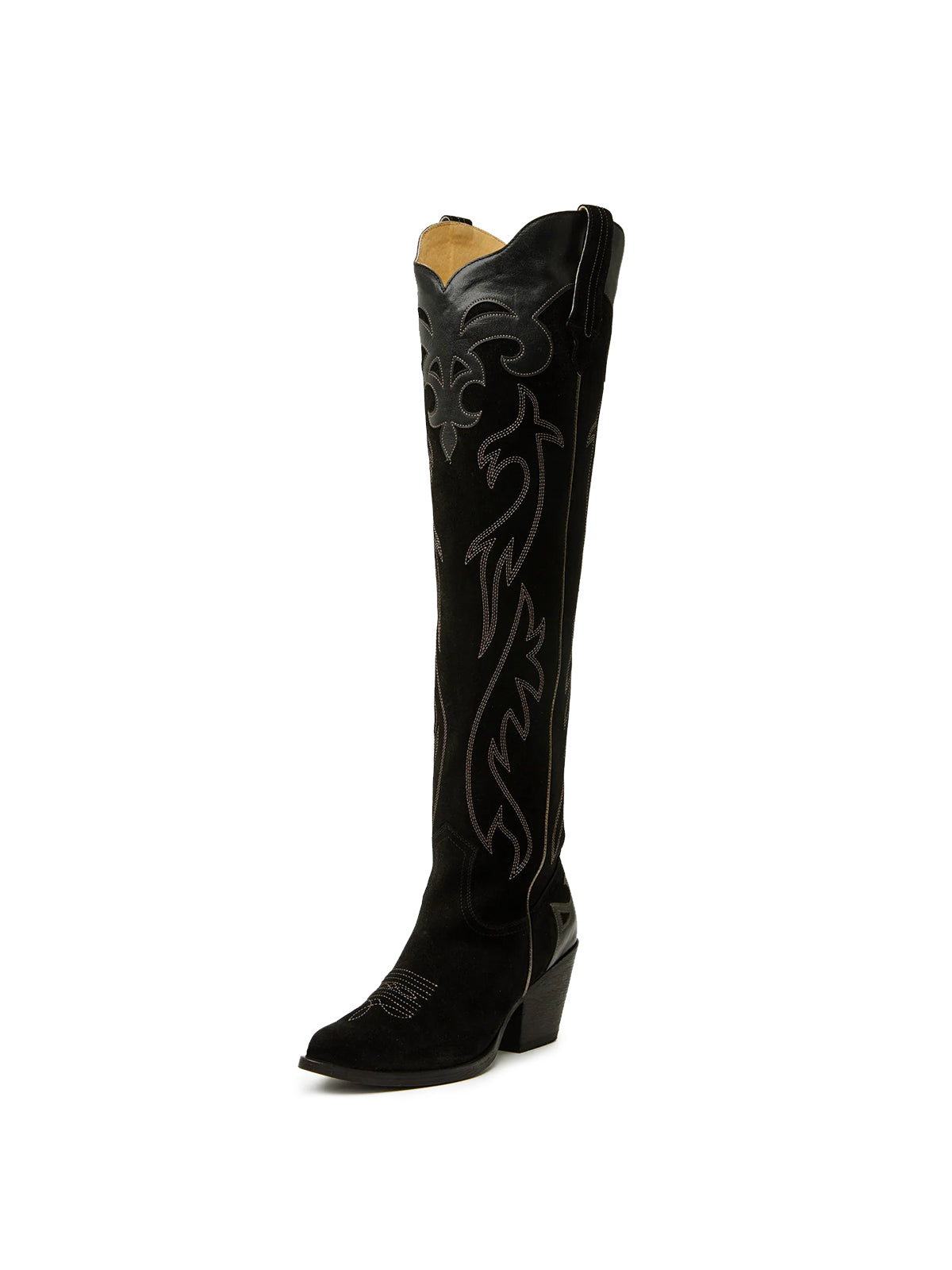 Black Faux Suede Almond-Toe Embroidery Applique Half-Zip Knee High Cowgirl Boots