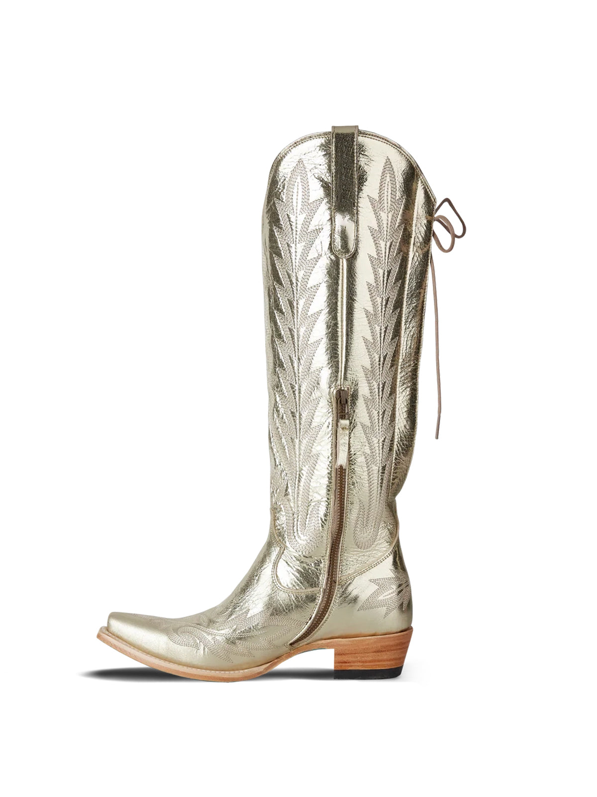 Snip-Toe Embroidery Half-Zip Back Lace-Up Knee High Cowgirl Boots - Metallic Champagne