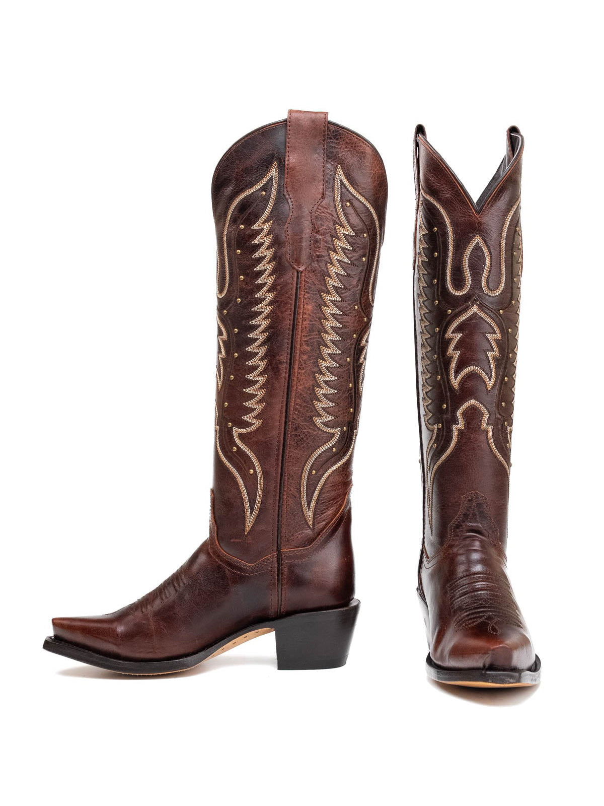 Western Snip-Toe Wings Embroidery And Studs Wide Calf Knee High Cowgirl Boots - Cognac