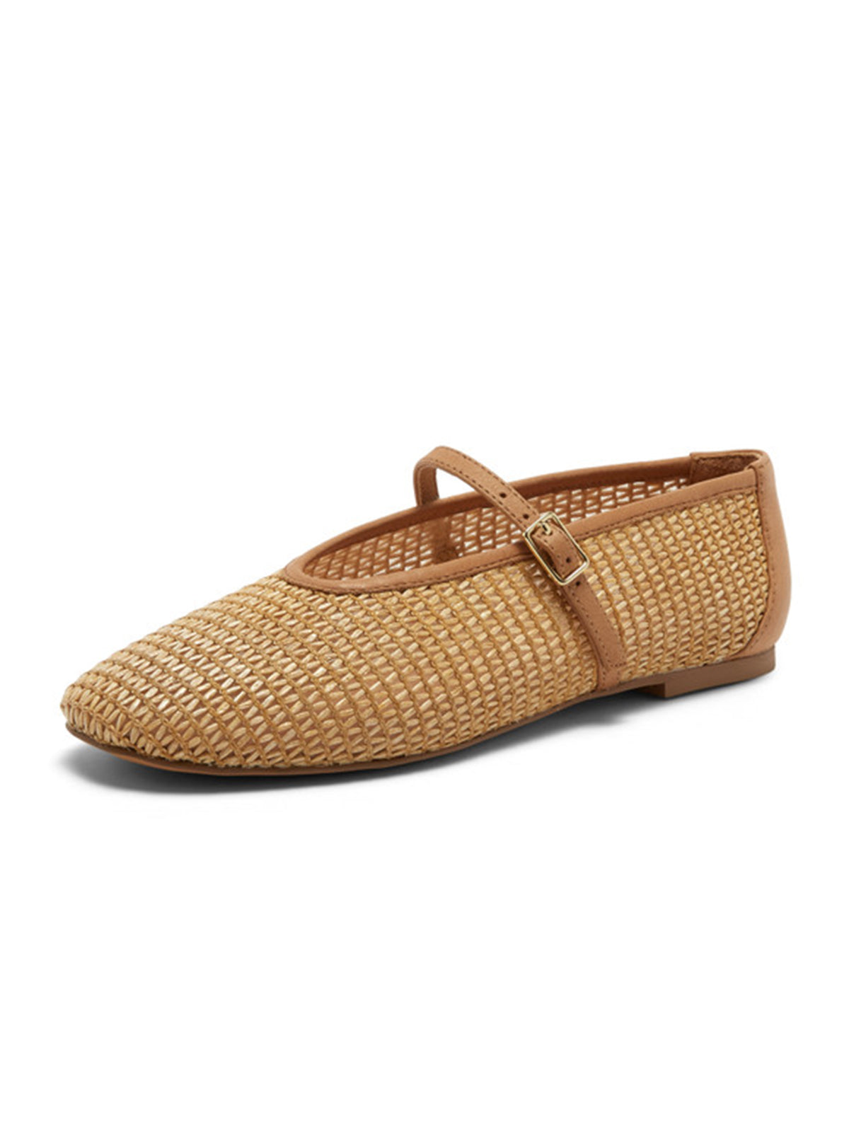 Tan Grass Woven Round-Toe Bridge Strap Chic Flats