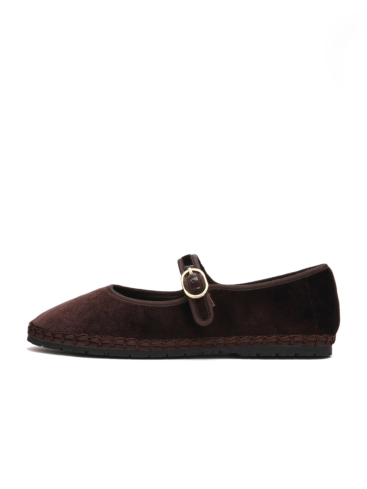 Brown Velvet Round-Toe Buckle Mary Jane Chic Flats