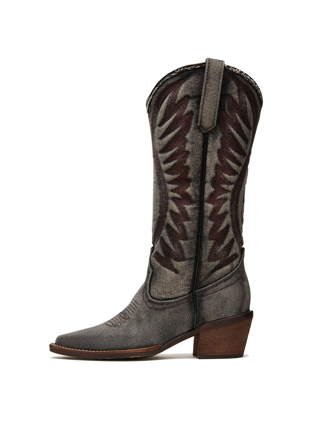 Dark Gray Denim Pointed-Toe Wings Embroidery Mid Calf Cowgirl Boots