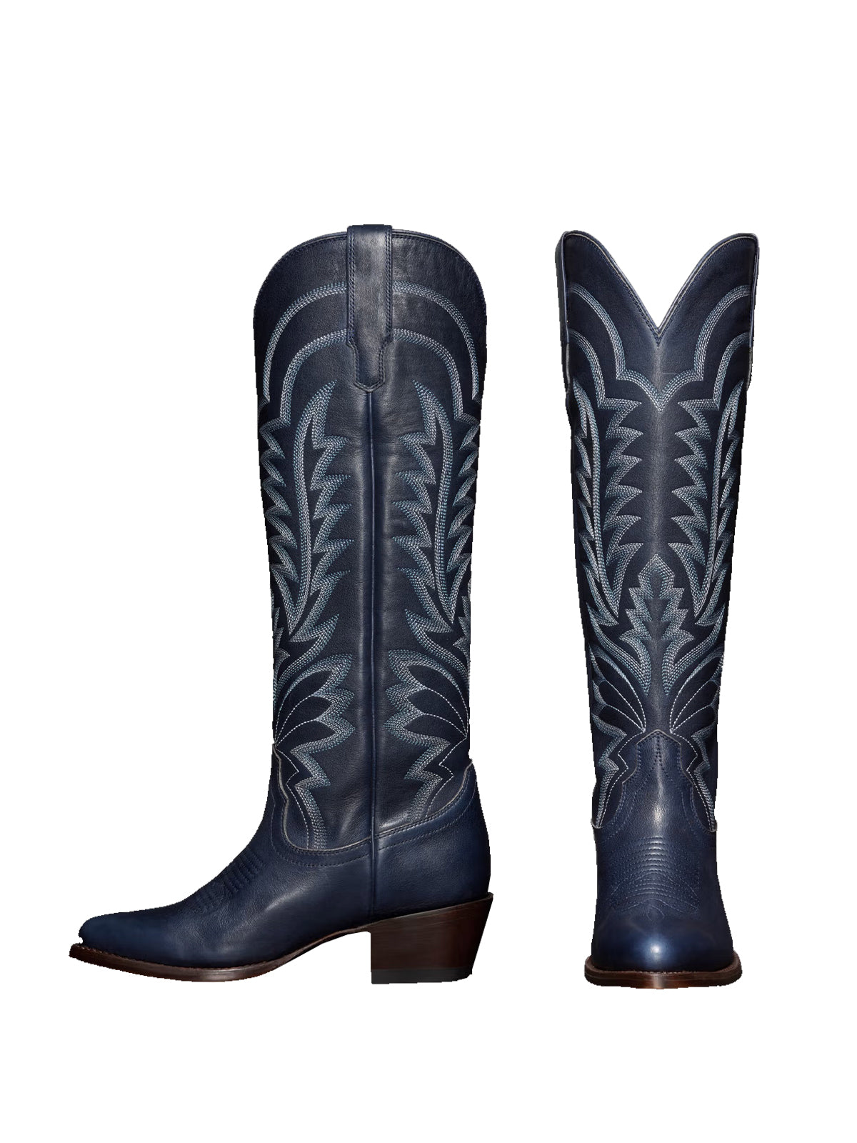 Western Embroidery Almond-Toe Tall Knee High Cowgirl Boots - Navy Blue