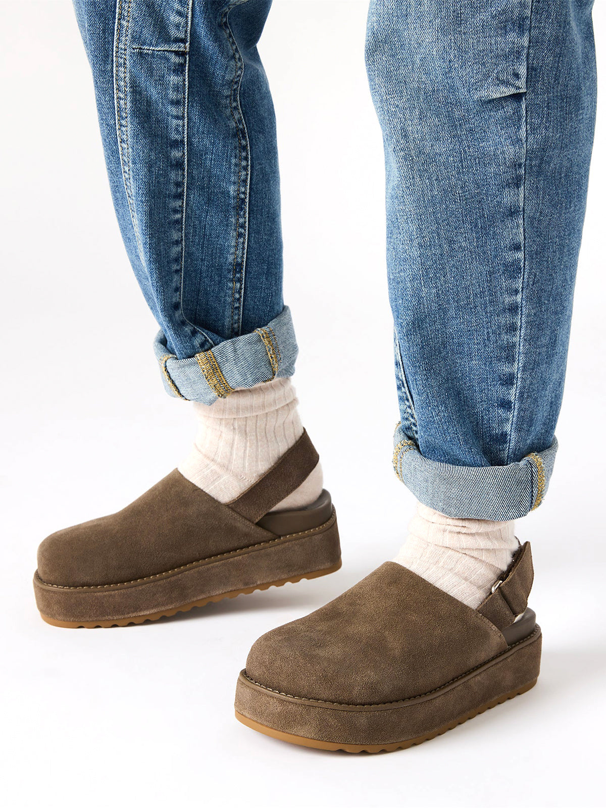 Gray Faux Suede Round-Toe Slingback Platform Shoes