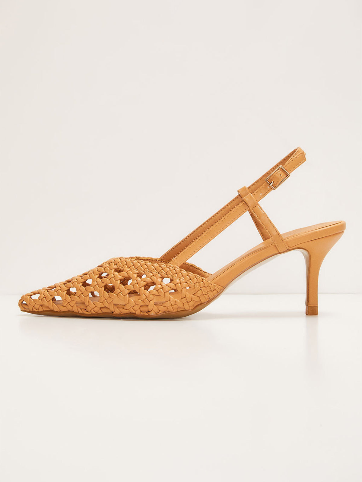 Tan Woven Vegan Leather Pointed-Toe Classic Slingback Pumps Kitten Heels