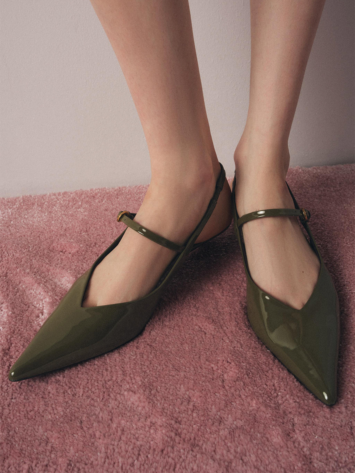 Patent Khaki Green Pointed-Toe Bridge Strap Slingback Kitten Heels