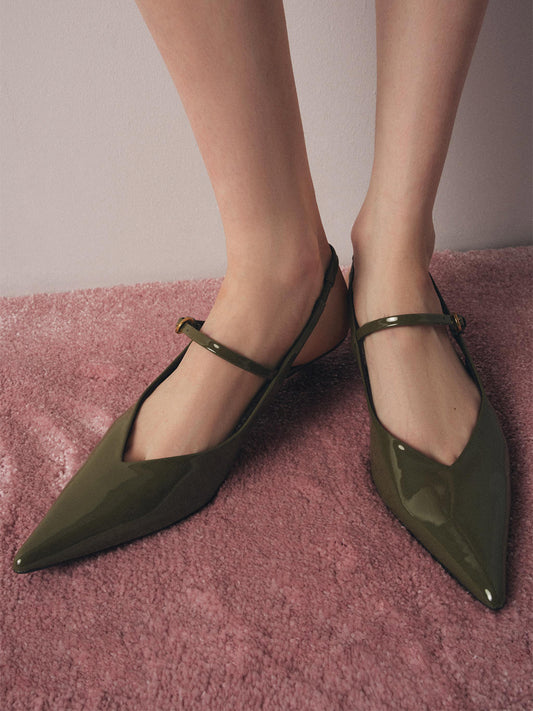 Patent Khaki Green Pointed-Toe Bridge Strap Slingback Kitten Heels