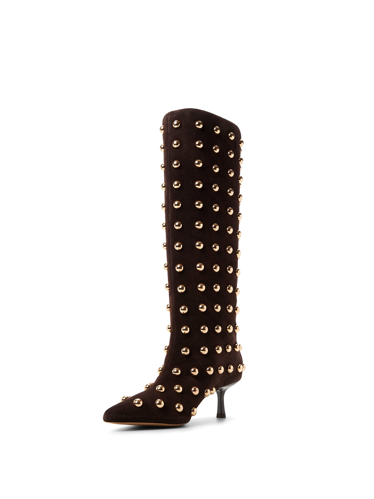 Brown Faux Suede Pointed-Toe Full Studs Wide Calf Knee High Stiletto Boots