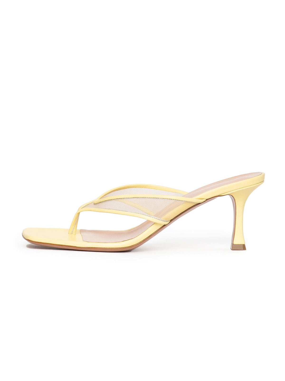 Yellow Vegan Leather And Mesh Square-Toe Flip-Flops Kitten Heels