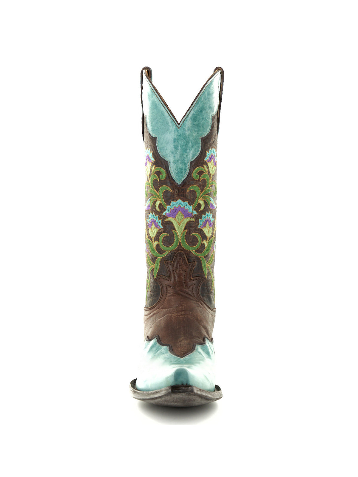 Contrast Brass And Turquoise Snip-Toe Colorful Flowers Embroidery Mid Calf Cowgirl Boots