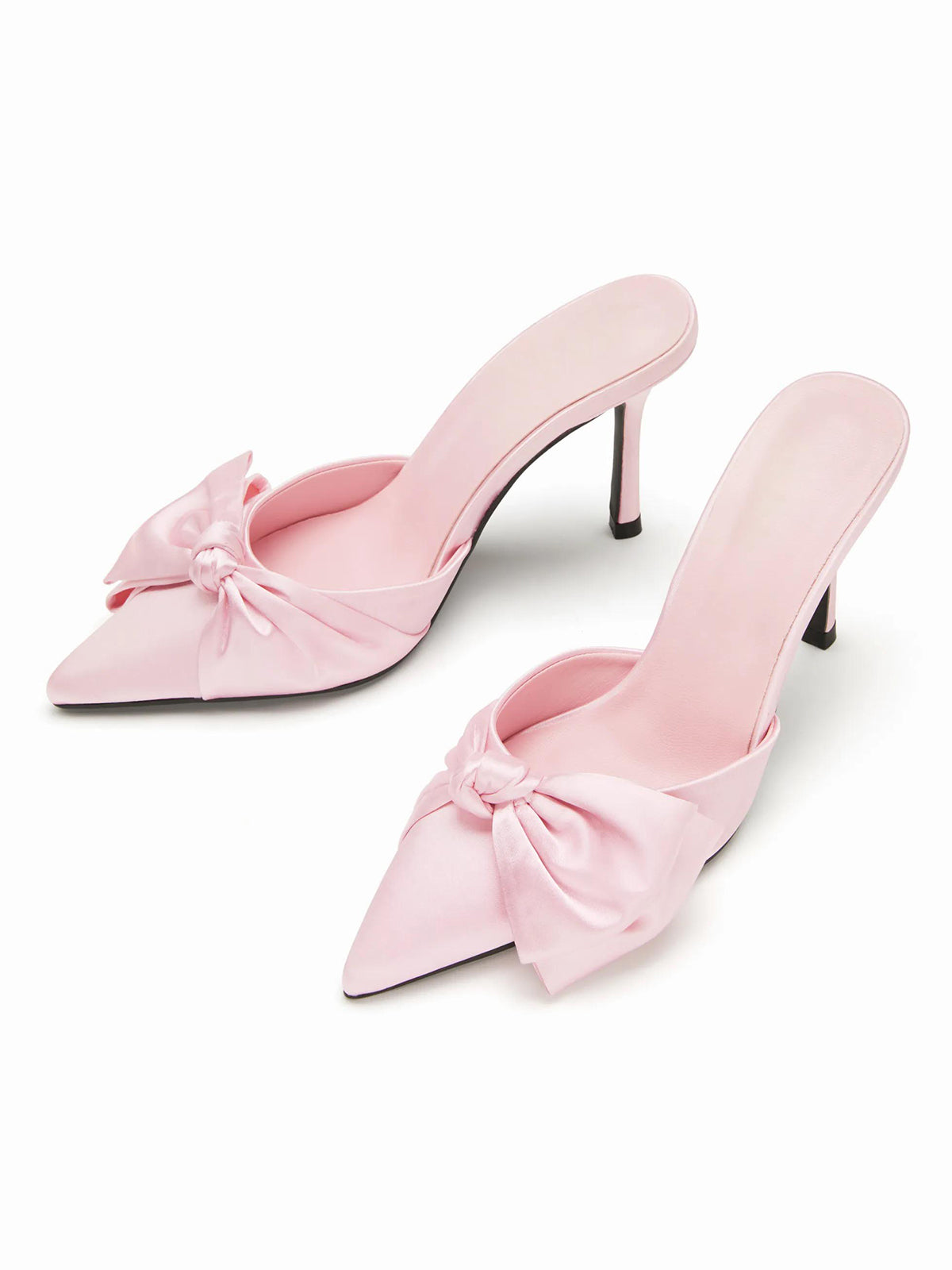 Pink Satin Pointed-Toe Front Bowknot Slip-On High Heels