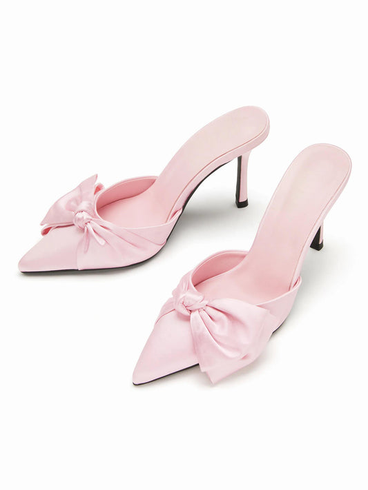 Pink Satin Pointed-Toe Front Bowknot Slip-On High Heels