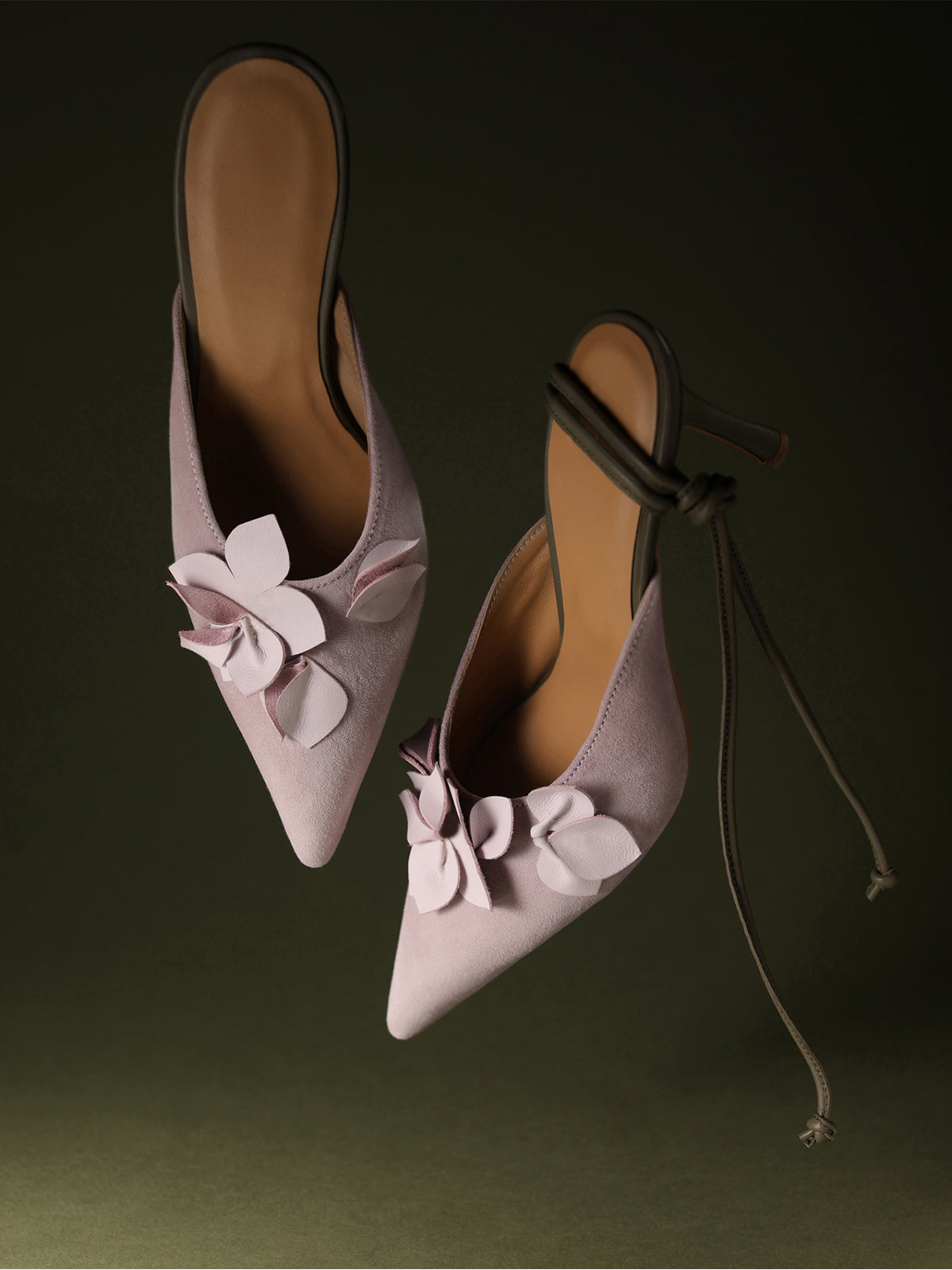 Mauve Pink Pointed-Toe Front Floral Detail Backless Chic High Heels