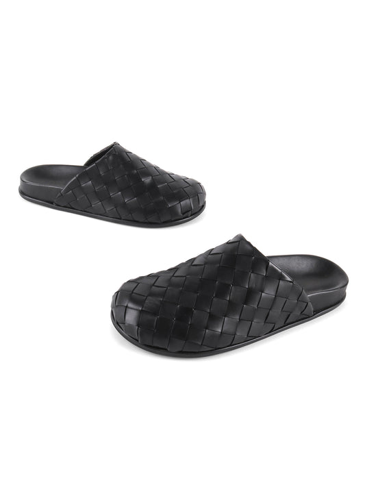 Black Woven Vegan Leather Square-Toe Backless Slip-On Chic Flats