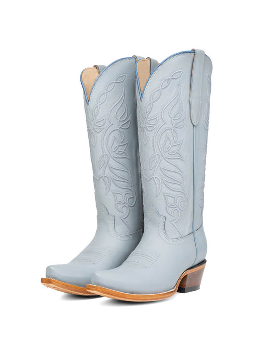 Snip-Toe Sleek Embroidery Half-Zip Knee High Cowgirl Boots For Woman - Blue