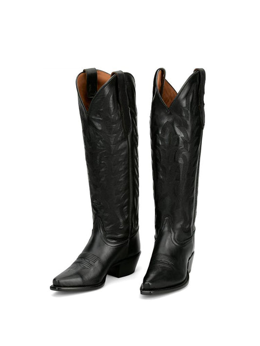 Black Snip-Toe Single Row Stitch Knee High Cowgirl Boots