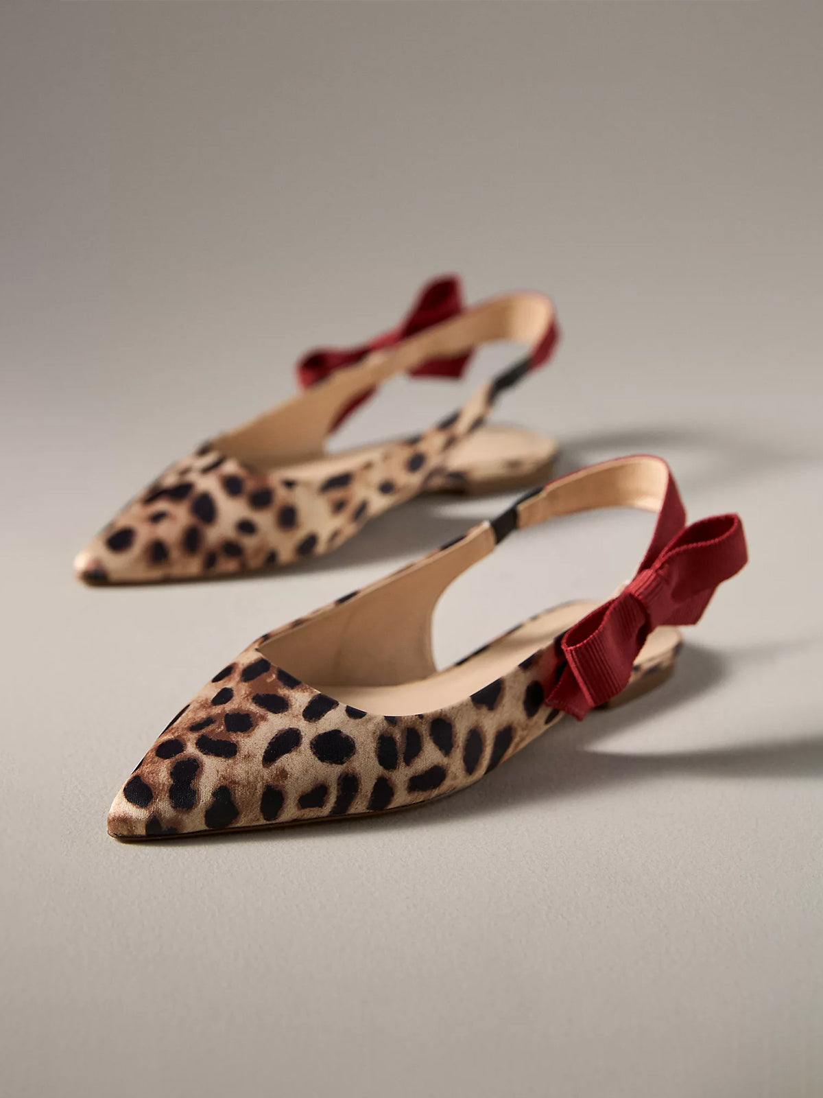Leopard Satin Pointed-Toe Side-Bow Slingback Flats