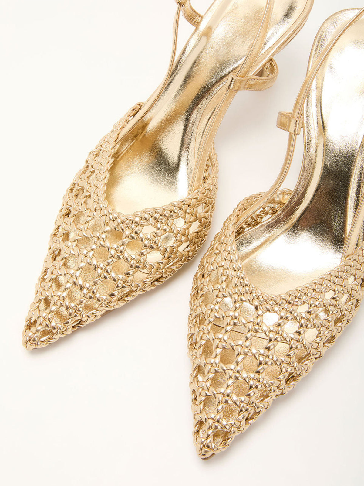 Metallic Gold Woven Vegan Leather Pointed-Toe Classic Slingback Pumps Kitten Heels