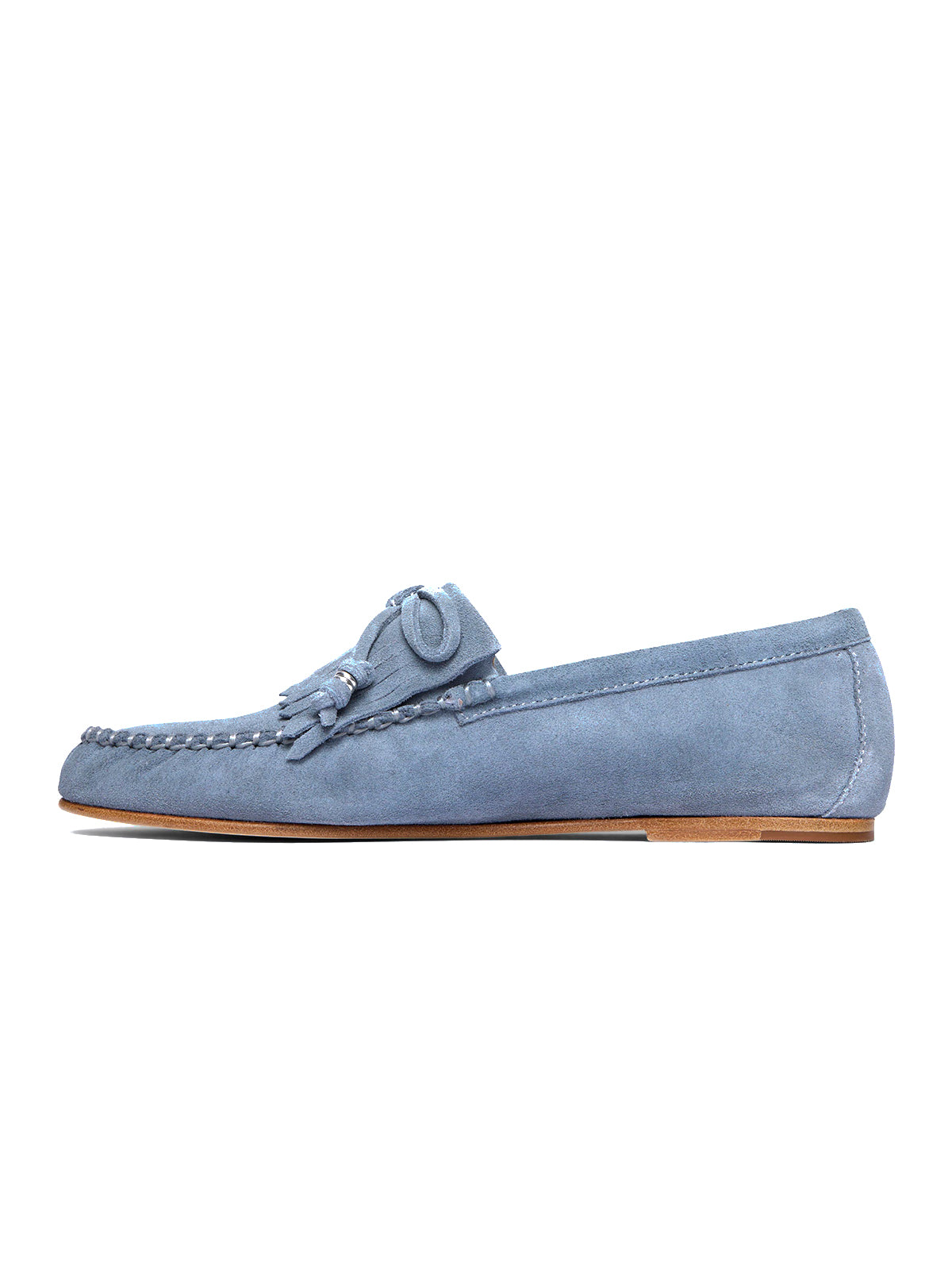 Purple Cow Suede Round-Toe Front Bow And Fringe Flats