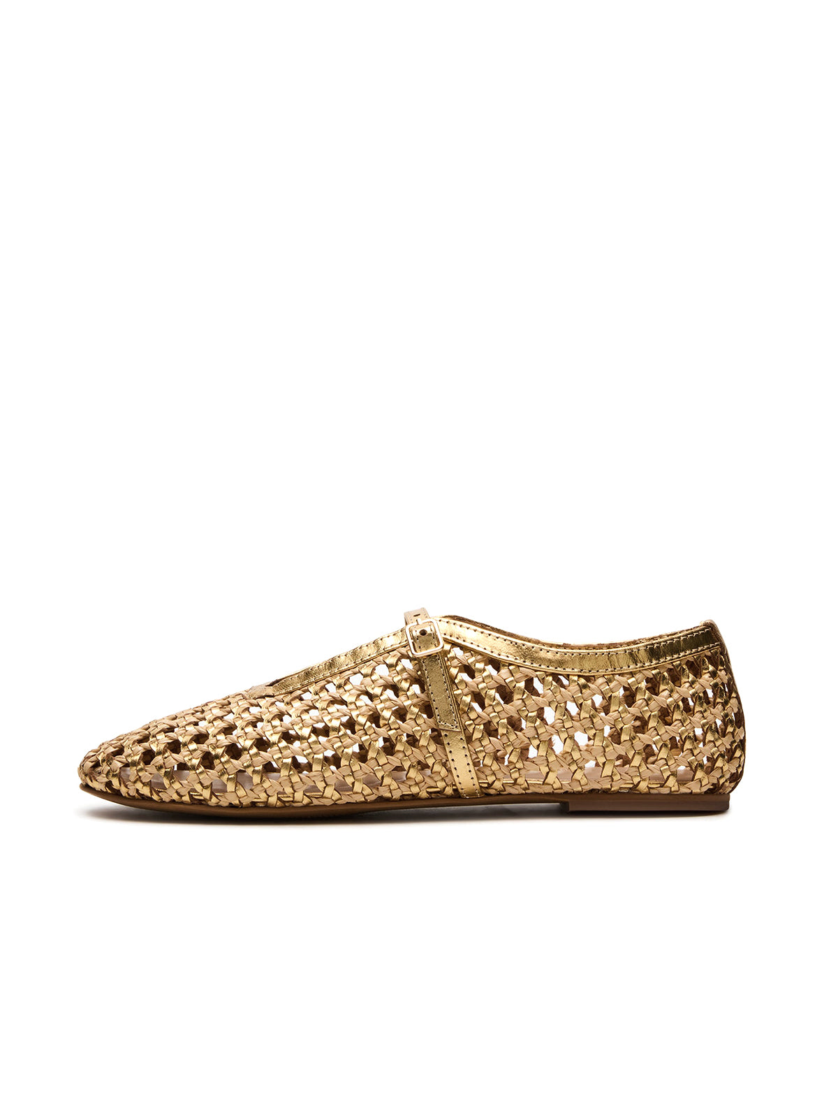 Metallic Gold Woven Round-Toe Mary Jane Flats