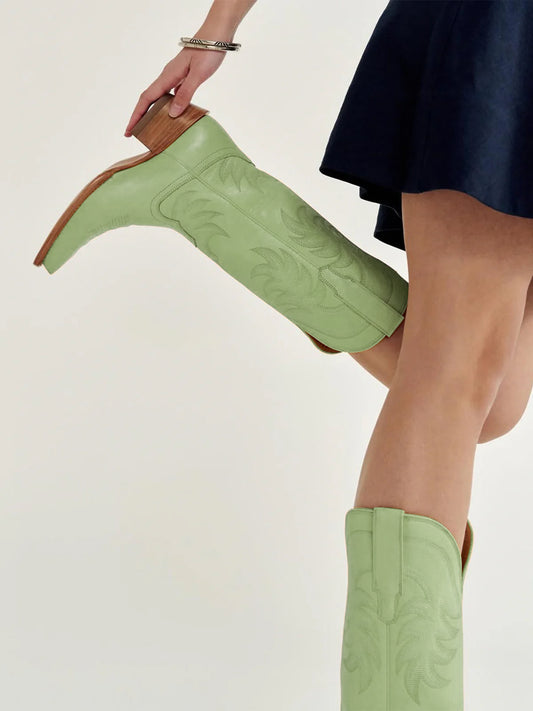 Grass Green Snip-Toe Embroidery Wide Calf Knee High Cowgirl Boots