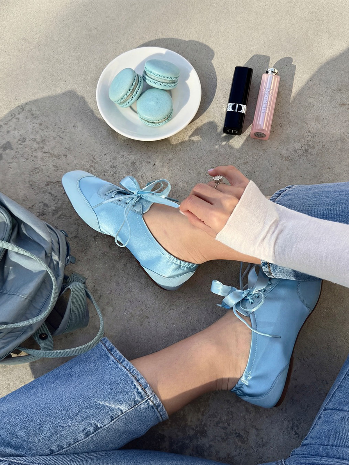 Blue Satin And Faux Suede Square-Toe Floral Embroidery Lace-Up Flats