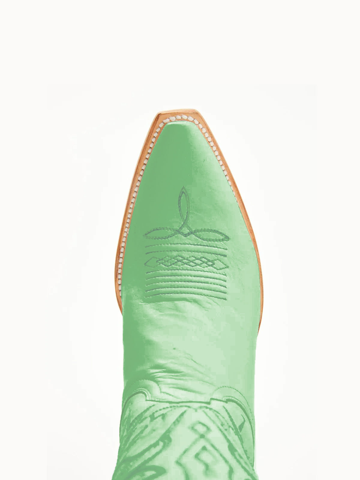 Светлозелени каубойски ботуши с бродерия от птици и къси пръсти до средата на прасеца