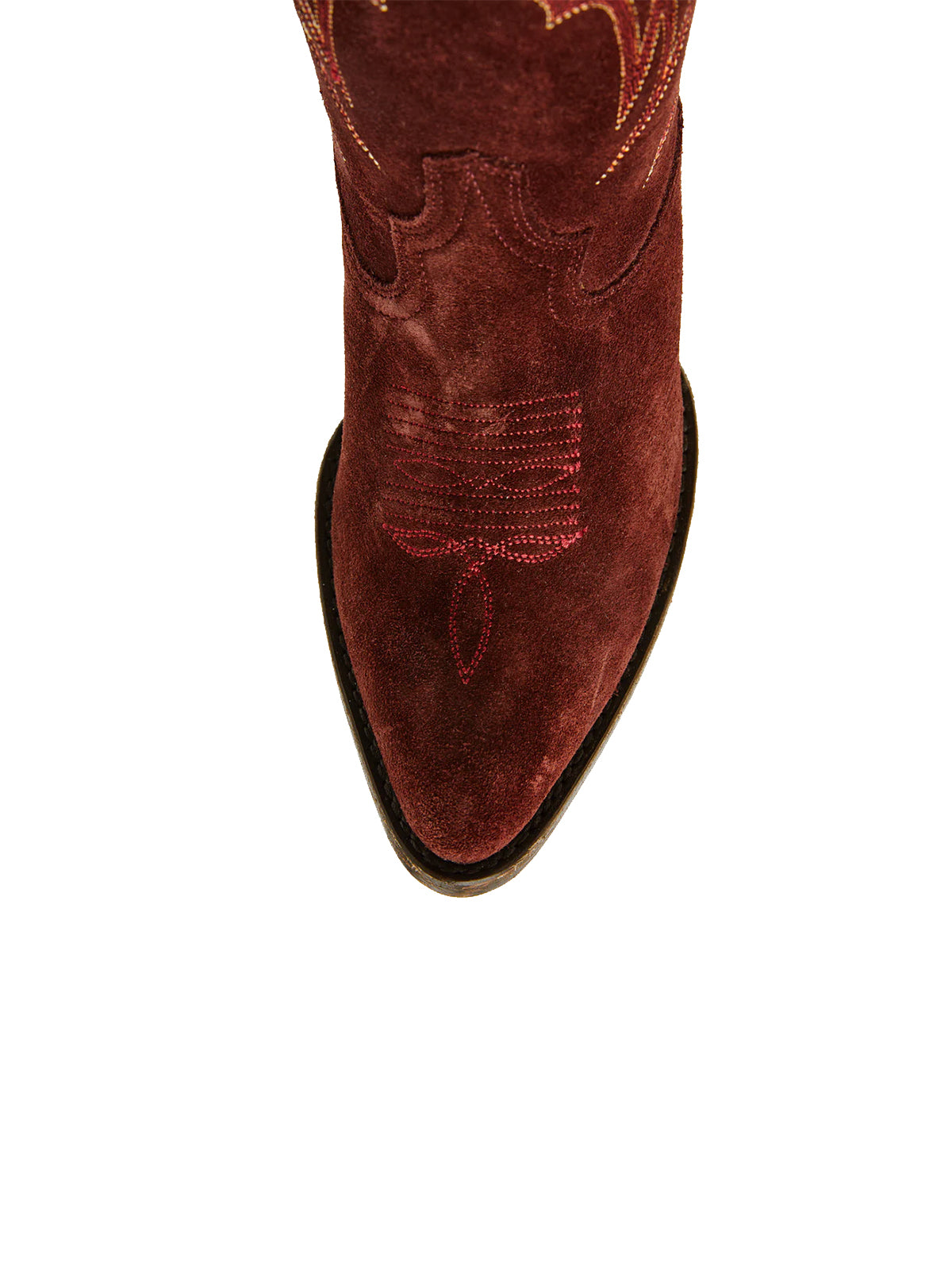 Faux Suede Wings Embroidery Pointed-Toe Mid Calf Cowgirl Boots - Wine Red