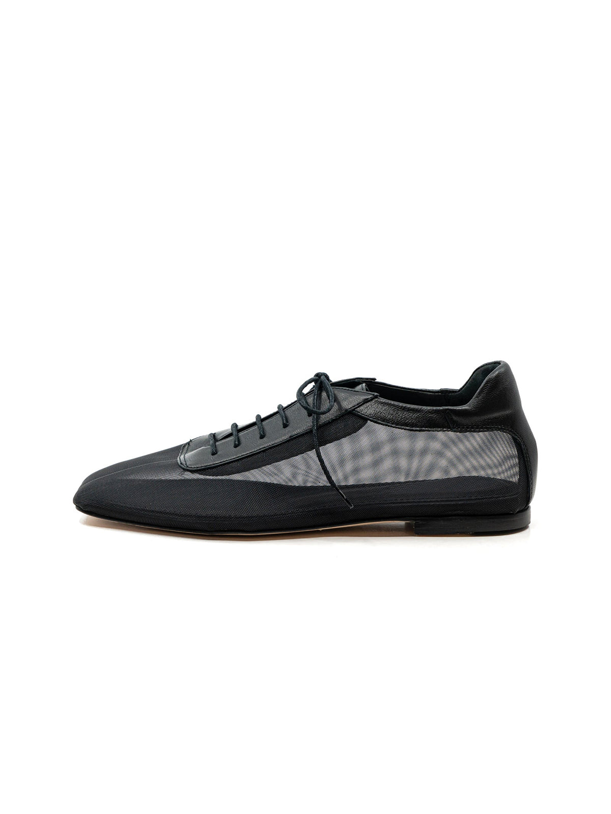 Black Mesh And Vegan Leather Square-Toe Lace-Up Simple Flats