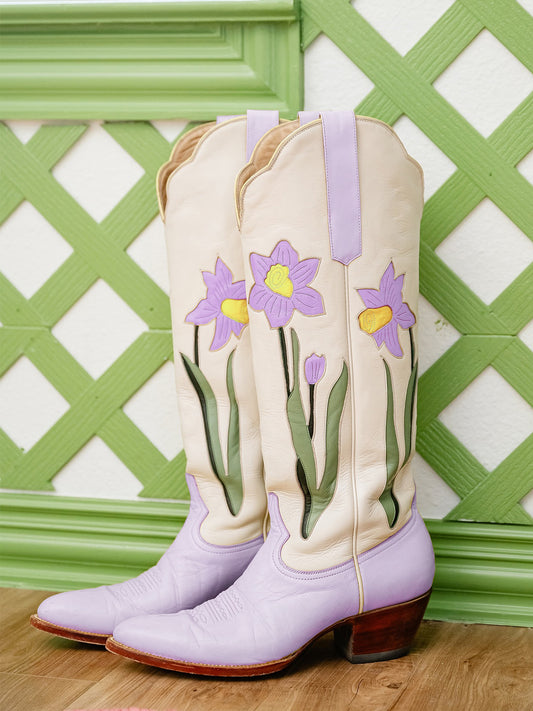 Contrast Purple And Ivory Almond-Toe Floral Inlay Knee High Tall Cowgirl Boots