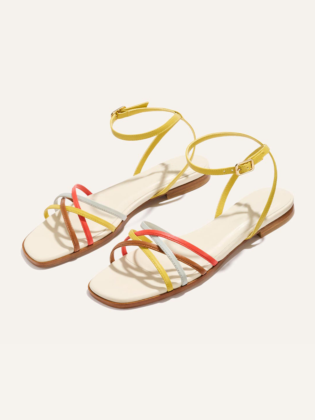 Multicolor Square-Toe Strappy And Ankle Strap Chic Sandals Flats