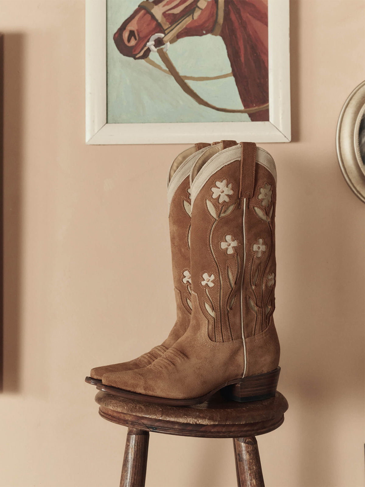 Tan Faux Suede Snip-Toe Floral Inlays And Stitch Mid Calf Cowgirl Boots