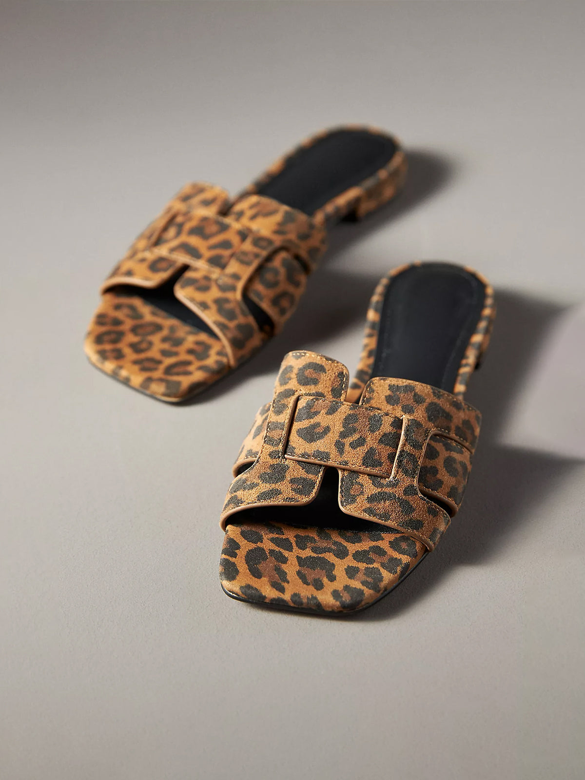 Brown Leopard Square-Toe Slip-On Sandals