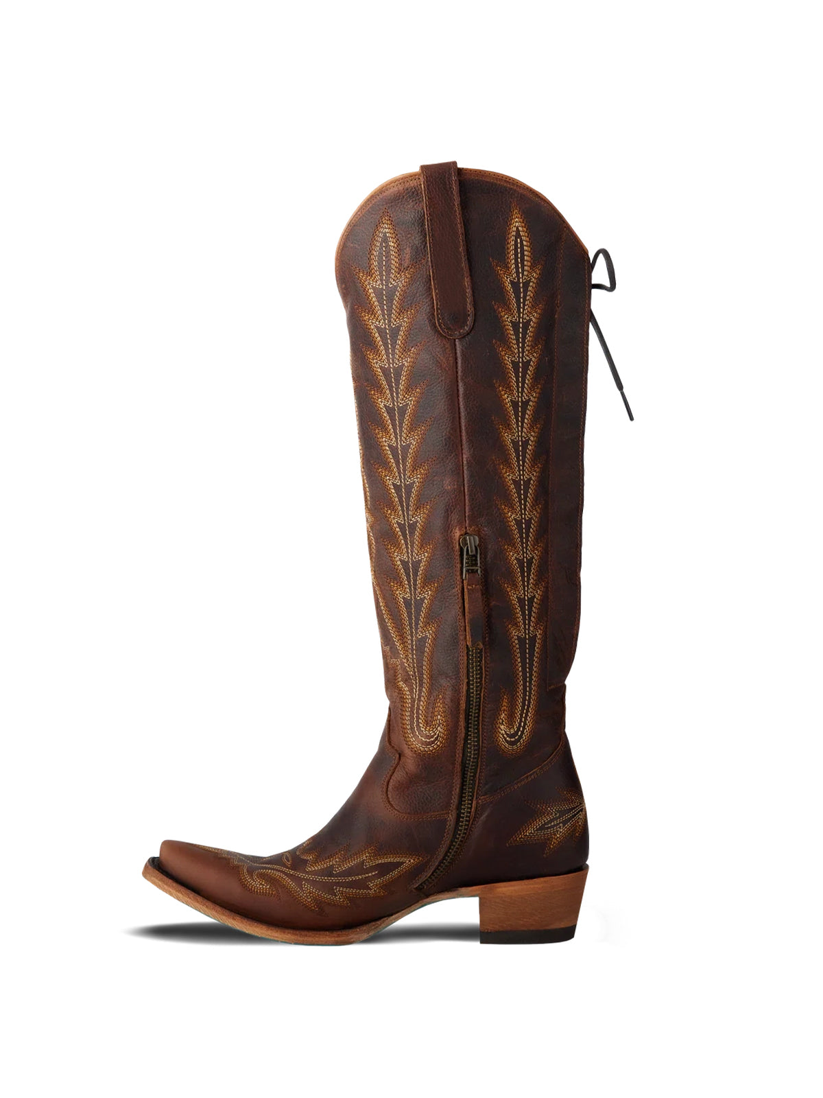 Snip-Toe Embroidery Half-Zip Back Lace-Up Knee High Cowgirl Boots - Cognac