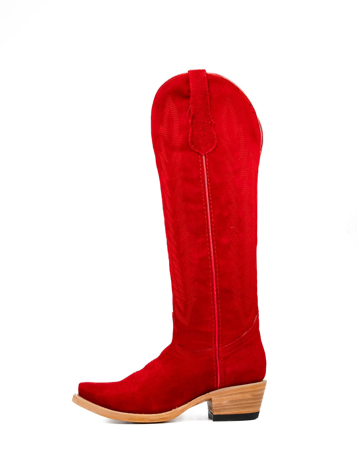 Red Faux Suede Snip-Toe Embroidery Half-Zip Classic Knee High Cowgirl Boots